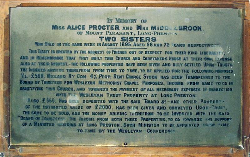Procter Sisters - plaque.jpg - Plaque in Memory of Miss Alice Procter and Mrs Middlebrook - The two Sisters of Mount Pleasant, Long Preston. They funded the building of the Methodist Church and Caretakers House. Both died in the same week of August 1895 aged 66 and 72.
